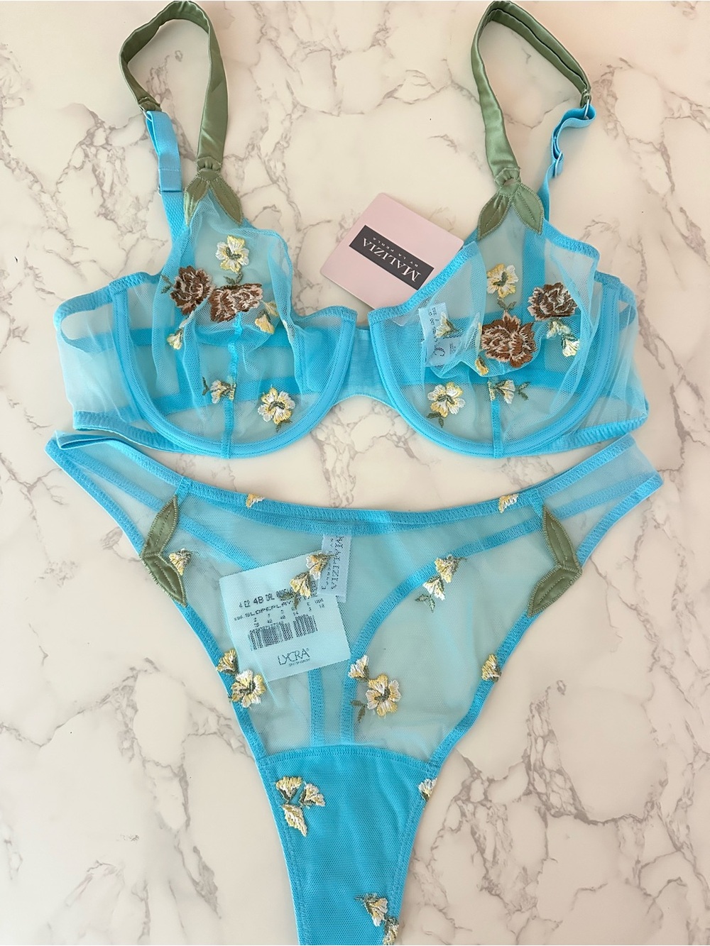 Rare๐ฉตLa Perla Women's Blue Mesh Lace Embroidered Bra & panties set